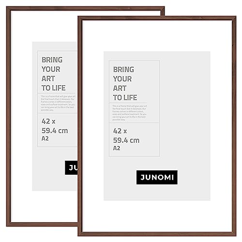 JUNOMI® 2 marcos de fotos DIN A2 de madera, color nogal, 42 x 59,4 cm (16,5 x 23,4 pulgadas) con cristal plexi irrompible, marco de fotos de madera