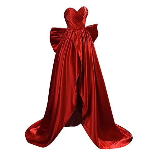HUANLIAN Vestido de novia para mujer rojo con diseño de arco grande vestido de fiesta con cuello en V y hombros descubiertos vestido formal largo, M, rojo