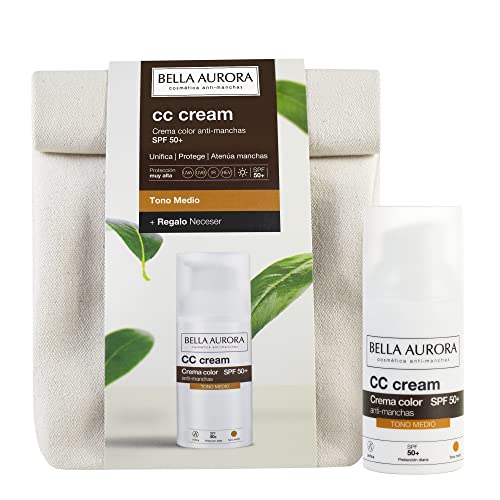 BELLA AURORA - Pack CC Cream Antimanchas SPF50+ 30 ml + Neceser, Protector Solar Antimanchas Tono Medio, Crema Color Antimanchas, para Cualquier Tipo de Piel, Crema Solar Facial Color Medio