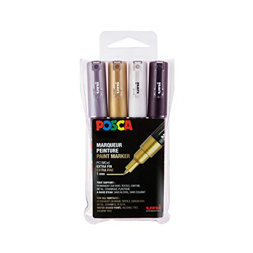 POSCA - Uni Mitsubishi Pencil - 4 marcadores metálicos PC1MC - Posca Punta cónica extra fina - Marcadores de pintura a base de agua - para papel, textil, vidrio, guijarro, madera, etc.