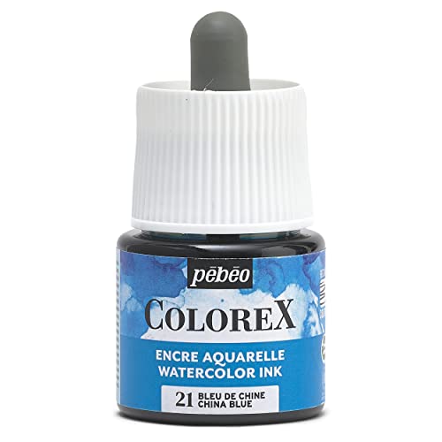 Pebeo - Tinta Colorex 45 ML Azul de China - Tinta para acuarela Colorex Pebeo - Tinta Azul de China de acabado aterciopelado - Tinta de dibujo multiuso para todos los medios - 45 ML - Azul de China