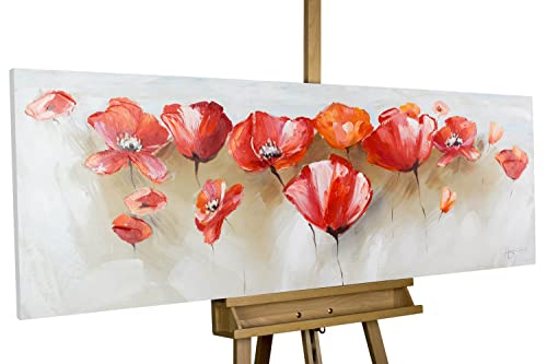 Kunstloft Cuadro decorativo | 100% PINTADO A MANO | 150x50cm | Pintura 'Declaración de amor en un campo de amapolas' | Amapolas | Rojo | Cuadro moderno en lienzo