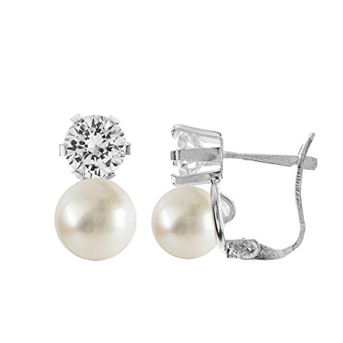Córdoba Jewels |Pendientes en plata de ley 925 con perla de 7 mm y circonita de 5 mm. Diseño Tú y Yo Zirconita 5mm y Perla 7mm