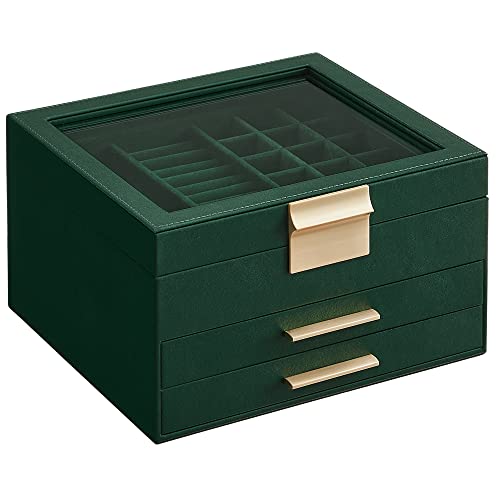 SONGMICS Caja de Joyas, Caja Joyero de 3 Niveles, Estche de Joyería, Tapa de Cristal, con 2 Cajones, Gran Capacidad, Estilo Moderno, Idea de Regalo, Verde Bosque JBC239C01