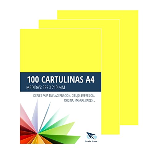 Raylu Paper® Cartulinas A4 100 unidades de color Amarillo limón, Ideal para encuadernación, trabajos de oficina, dibujo, manualidades. aptas para uso escolar. (Amarillo Limón)