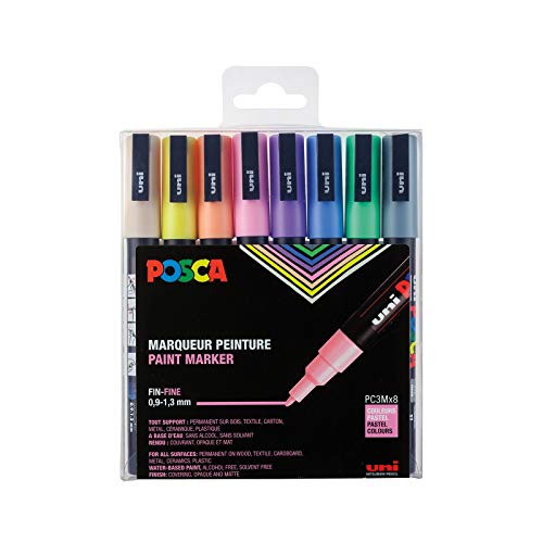 POSCA Mitsubishi Pencil PC3M – 8 rotuladores – Punta cónica fina – pintura a base de agua – para cualquier soporte – Para papel, textil, vidrio, guijarro, madera – Colores pastel