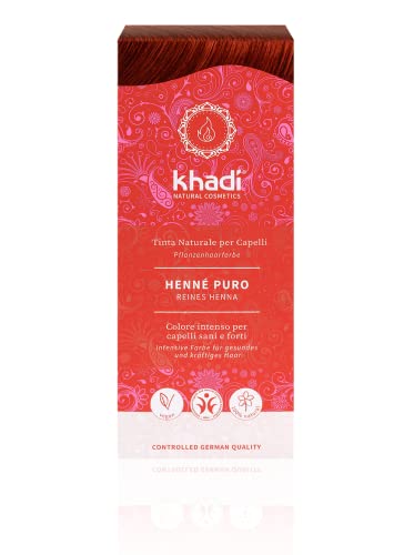khadi PURE HENNA tinte vegetal, coloración capilar de rojo anaranjado excitante a rojo llama intensamente brillante, color natural 100% vegetales, natural y vegano, cosmética natural certificada 100g