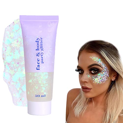 Gel Con Purpurina Holográfica, Chunky Glitter, Gel Facial con Purpurina, Gel Holográfico para Cara y Cuerpo, para cejas, el pelo, labios, mejillas o cuerpo