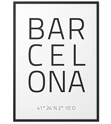 Papierschmiede® Póster coordinado Barcelona, A3 enmarcado en un marco de madera (negro), Cuadro de la ciudad como decoración de pared para living, dormitorio, cocina, comedor, España Cataluña