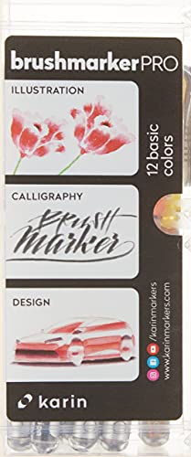 KARIN Brushmarker PRO Caja de rotuladores de 12 colores básicos, cuerpo transparente con sistema Ink-Free, 2,4 ml de tinta líquida Sin rotuladores