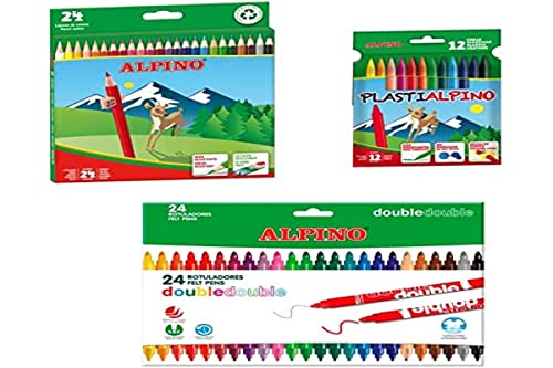 Alpino Lote Material Escolar | 24 Lápices de Colores + 24 Rotuladores Doble Punta + 12 Ceras Plastialpino | Estuche Escolar