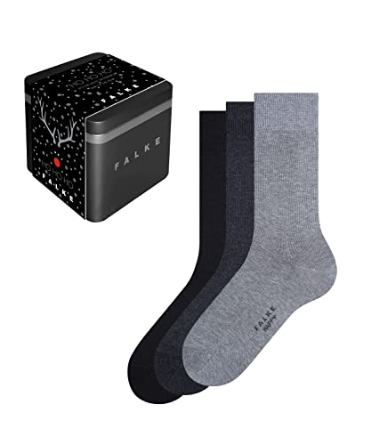 FALKE Calcetines Happy Giftbox 3-Pack Algodón Hombre Azul Gris Calcetines de hombre reforzados sin dibujo transpirables finos monocolor multipack en caja de regalo 3 Pares