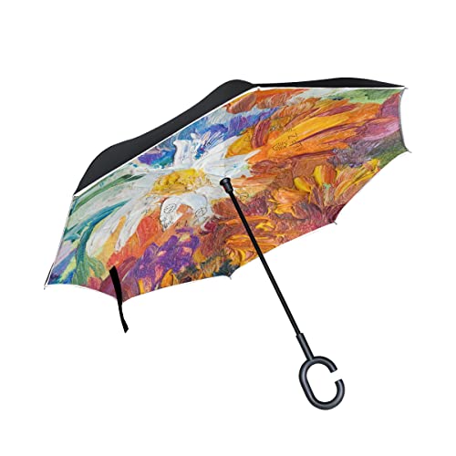 AAHENPAI Pintura al óleo para principiantes inversa invertida adentro hacia afuera paraguas coches Unigue a prueba de viento UV doble capa para mujeres