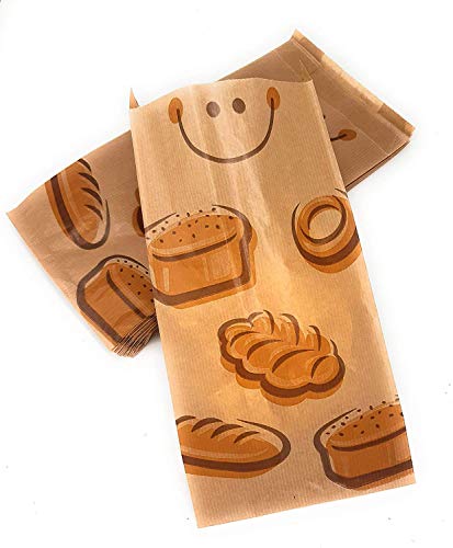 Bolsas Papel Kraft para alimentación, bocadillos, pan 14+7x27 cm con dibujo de panes (250 uds)
