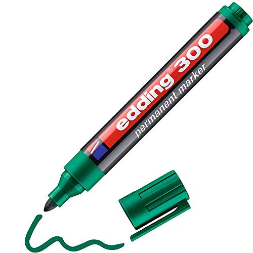 edding 300 marcador permanente - verde - 1 rotulador - punta redonda 1,5-3 mm - resistente al agua, de secado rápido, rotuladores indelebles - para cartón, plástico, vidrio, madera, metal