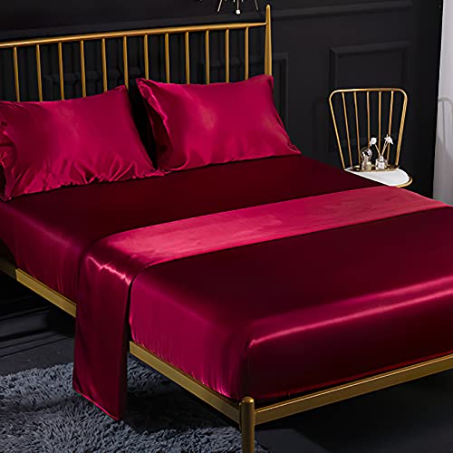 Juego de Sabanas de Cama 4 Piezas Raso Color Sólido, 1 x Sábana Bajera Ajustable 135x190 cm con 35 Bolsillo Profundo, 1 x Hoja Plana y 2 x Fundas de Almohada, Rojo Burdeos