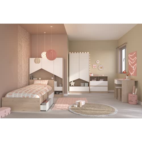 Miroytengo Pack Muebles Child Dormitorio Juvenil Completo en Color Roble Jackson y Blanco Mate (Cama + Cabecero + Armario + Escritorio + Cómoda + Cajón)