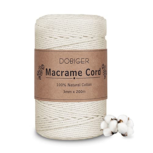 DOBIGER Hilo Macrame 3mm, Cuerda Macrame Natural, Cuerda de Algodon 3mm, Cordón de Algodón de Macramé para Tapices, Manualidades Bricolaje, Hogar Decoracion Bohemia, 200m Hilo Macramé Beige