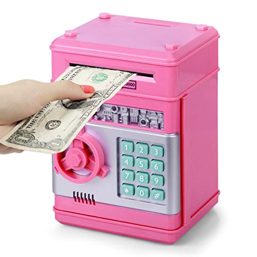 Highttoy Hucha Electrónica para Niñas 3-12 Años, Hucha Cajero Automatico Caja Fuerte Niños Hucha con Código Hucha Caja Fuerte Divertidos Juguete de Regalo para Niñas Niños Rosa