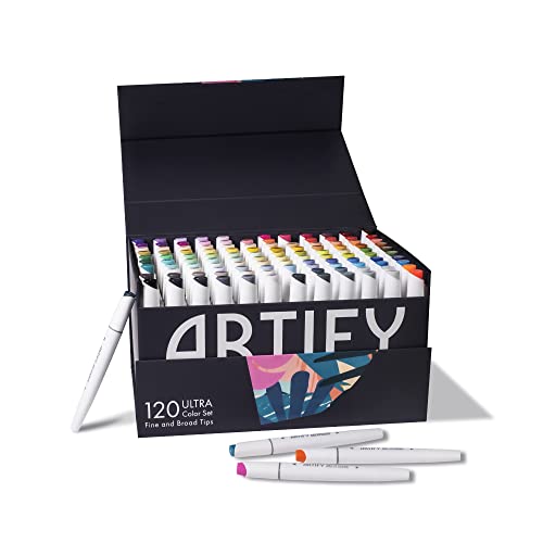 ARTIFY 120 Ultra Colors Art Marker, Fine & Broad Dual Tips Profesional Artista Marcadores en Estuche Estuche Marcador Dibujo Set con Bolsa de Transporte Caja de Regalo