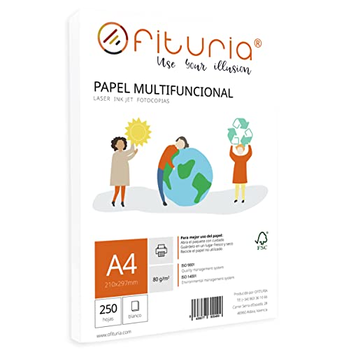Paquete de folios A4 de 80gr con 250 Hojas Blancas, Papel Multifuncional para Uso Escolar y Entornos Laborales. Ideal con impresoras láser, de inyección o fotocopiadoras - Ofituria
