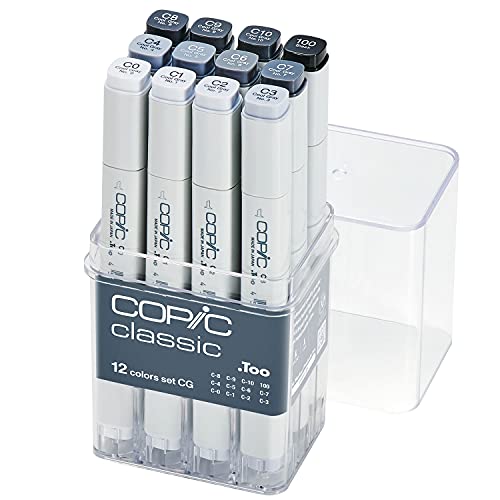 COPIC Marker Set - Paquete de 12 rotuladores permanentes (tinta negro), blanco