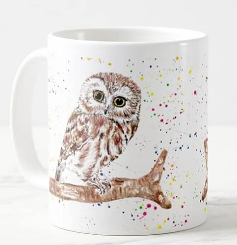 Taza con diseño de búho, diseño pintado a mano, acuarela, arte de color, regalo, cumpleaños, trabajo, oficina, Navidad, té, café (blanco)