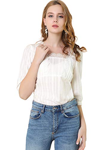 Allegra K Blusa De Encaje Vintage con Textura Cuello Cuadrado Manga De Linterna De Codo para Mujer Blanco XL