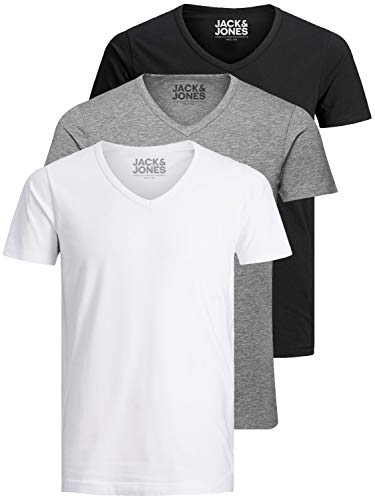 Jack and Jones - Camiseta básica para hombre, cuello en V, 3 unidades, color liso, corte ajustado, en blanco, negro, azul, gris, Mezcla de colores 1, S