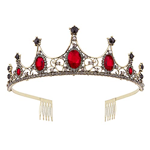Vofler Corona de tiara negra dorada con rubí estilo barroco vintage con diamantes para mujeres reina dama novia princesa cumpleaños boda baile desfile fiesta de disfraces de Halloween con peine