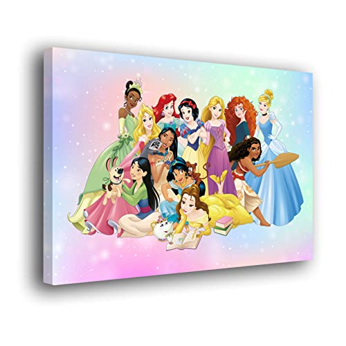 Genérico Cuadro Lienzo Canvas Infantil Princesas Disney Fondo Arcoiris Multicolor – Varias Medidas - Lienzo de Tela Bastidor Madera de 3 cm - Alta resolucion (60, 40)