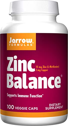 Jarrow Formulas, Zinc Balance, Zinc 15mg y Cobre 1mg, 100 Cápsulas veganas, Probadas en Laboratorio, Sin Gluten, Vegetariano, Sin Soja, Sin OGM