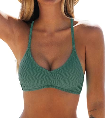 CUPSHE Top de Bikini para Mujer Halter con Cuello en U Texturizado Traje de baño Top de Bikini Verde Musgo S