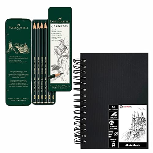 Cleverry Set Artístico con Cuaderno de Bocetos A5 de 120 páginas (60 Hojas) para Dibujo y Kit de 6 Lápices Artísticos Faber-Castell 9000 - Kits de Arte para Niños, Adolescentes y Adultos - Bundle