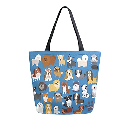 QQIAEJIA Bolsa de lona grande azul con estampado de pata de perro Pug de cachorro de dibujos animados bolsa de regalo de compras reutilizable con asas, resistente, lavable