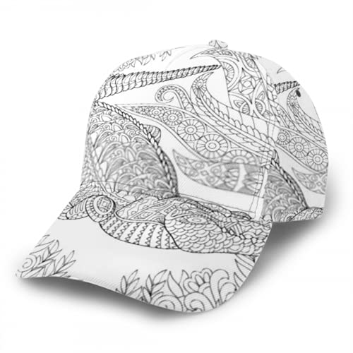 Gorra de béisbol Zentangle estilizada de dibujos animados cocodrilo cocodrilo entre hombres y mujeres de moda Cómodo sombrero de camionero con borde curvo para correr, ciclismo, pesca, tenis, golf, t