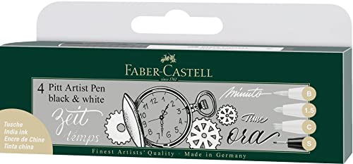 Faber-Castell 167151 - Estuche con 4 rotuladores PITT® Artist Pen blanco y negro. 4 trazos: B = punta de pincel, 1.5 = 1,5 mm, C = punta para caligrafía de color blanco, S = 0,3 en negro