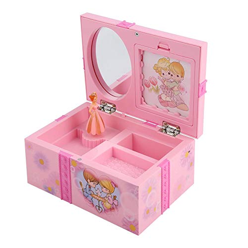 Caja de música para niños con caja de música para niños de dibujos animados, rosa, espejo, almacenamiento, estuche de plástico con princesa del baile