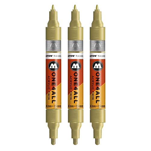 Molotow One4All Acrylic Twin Marker (grosor de trazo 1,5 mm y 4 mm, alta opacidad y permanente), 3 unidades, color 228 dorado metálico