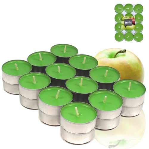 Candelo Juego de 24 velas perfumadas, color verde, con aroma a fruta de Juicy Apple, 4 horas, duración de combustión, 3,6 x 1,4 cm, para primavera