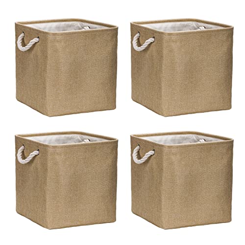 Caja de almacenamiento plegable (4 unidades) de 30 x 30 x 30 cm, cesta de tela, cesta de almacenamiento grande, cesta de almacenamiento para armario, cajas, estantería, cestas para para ropa, (caqui)