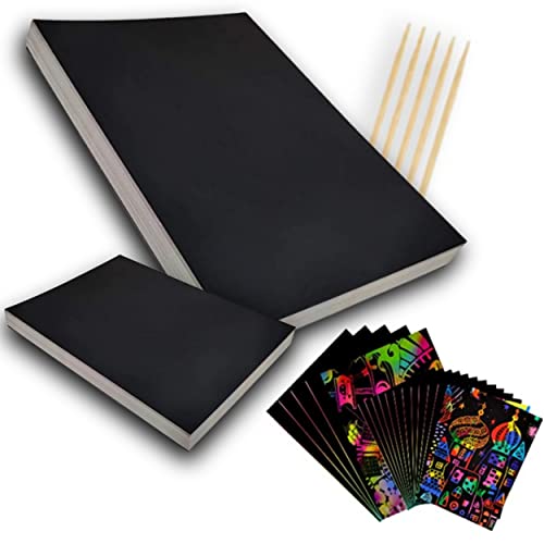 Hoja de Dibujo de rasca y GANA para niños Negros Hojas de Dibujo de cumpleaños (25 pequeñas y 25 Grandes+ 5 lápices de bambú) Set de 50 Tarjetas de rasca y GANA para Adultos