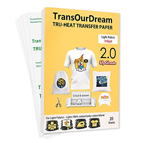 TransOurDream-Marca de confianza.Papel de Transferencia,Fácil de Usar. Sin Impresión de Espejo A4x20 Hojas Papel Transfer Para Camisetas Blancas y Tejidos Claros para inkjet,ES-2-20