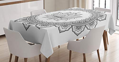 ABAKUHAUS Flor de Loto Mantele, Ronda de Zentangle Adornado, Fácil de Limpiar Colores Firmes y Durables Lavable Personalizado, 140 x 200 cm, Gris carbón Negro