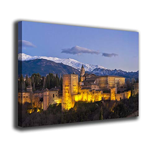 Cuadro lienzo canvas Alhambra Granada luces al atardecer Sierra Nevada pico Veleta – Varias medidas - Lienzo de tela bastidor de madera de 3 cm - Impresion en alta resolucion (120, 70)
