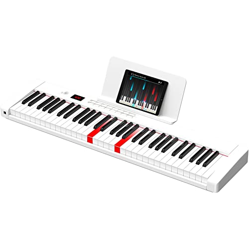TERENCE Pianos digitales portátil 61 teclas con batería de 1750mAh con Bluetooth interfaz MIDI semi-ponderadas soporte para partituras bolsa adhesiva cable de audio auriculares Blanco