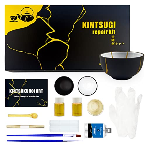 Kintsugi kit de reparación dorado, el kit de reparación kintsugi para reparar la cerámica con pegamento dorado, kit de kintsugi reparacion ceramica perfecto para principiante con dos tazas de práctica