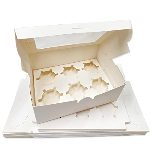 HERUIO 20 cajas de 6 agujeros para magdalenas con ventana y soporte ajustable para magdalenas, galletas, magdalenas, pasteles y donas, color blanco