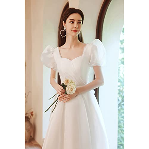 HUANLIAN Vestido de novia novia arco diseño una línea vestido de dama de honor con manga hinchada, S blanco