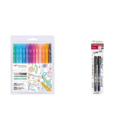 Tombow Set De 12 Rotuladores Twintone Pastel + WS-BHS-2P Fudenosuke - Bolígrafo de punta dura y suave, color negro